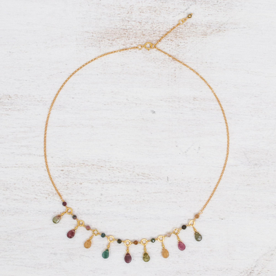 Tourmaline waterfall necklace, 'Colorful Array' - Natural Tourmaline 24k Gold Plated Waterfall Necklace