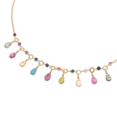 Tourmaline waterfall necklace, 'Colorful Array' - Natural Tourmaline 24k Gold Plated Waterfall Necklace