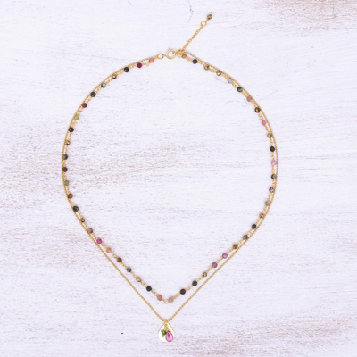Gold plated tourmaline beaded necklace, 'Color of Nature' - Gold Plated Tourmaline and Hematite Necklace