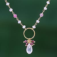 Rose Quartz and Tourmaline Gold Plated Pendant Necklace,'Sweet Surprise'