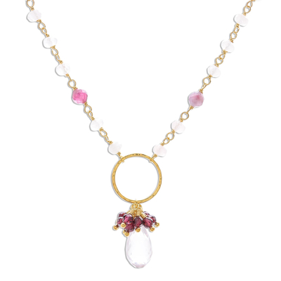 Gold plated multi-gemstone pendant necklace, 'Sweet Surprise' - Rose Quartz and Tourmaline Gold Plated Pendant Necklace