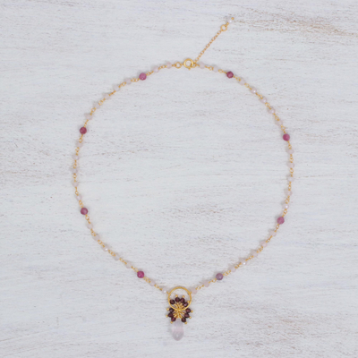 Gold plated multi-gemstone pendant necklace, 'Sweet Surprise' - Rose Quartz and Tourmaline Gold Plated Pendant Necklace