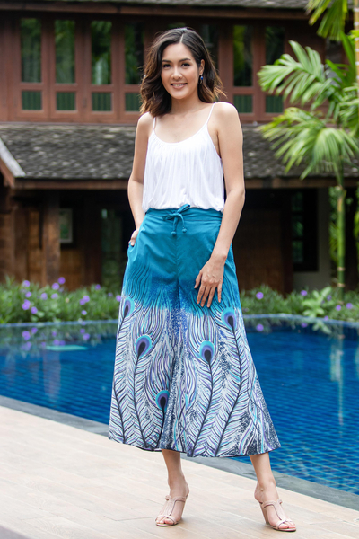Cotton wide-leg cropped pants, Peacock Passion in Blue