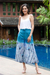 Cotton wide-leg cropped pants, 'Peacock Passion in Blue' - Peacock Batik Print Wide Leg Cropped Cotton Pants thumbail