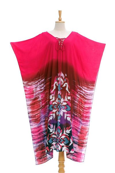 Cotton batik caftan, 'Fanfare in Fuchsia' - All Cotton Batik Caftan Dress in Fuchsia and Red