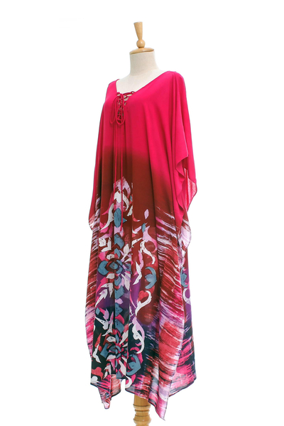 Cotton batik caftan, 'Fanfare in Fuchsia' - All Cotton Batik Caftan Dress in Fuchsia and Red