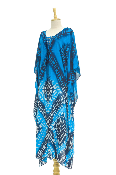 Caftán batik de algodón - Vestido caftán batik con estampado de rombos azul pavo real