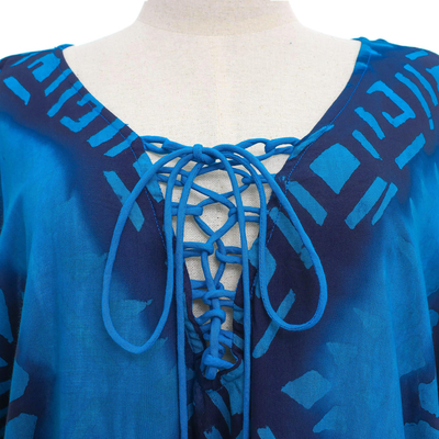 Cotton batik caftan, 'Thai Diamonds' - Peacock Blue Diamond Print Batik Caftan Dress