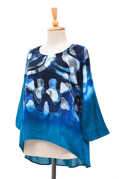 Batikbluse aus Baumwolle - Damen-Batikbluse aus 100 % Baumwolle in Blau