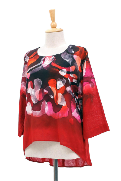 Cotton batik blouse, 'Lanna Melange in Red' - Red Batik Abstract Print Cotton Blouse