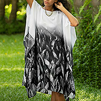 Cotton batik caftan, 'Raining Leaves' - Asymmetrical Batik Cotton Caftan Dress