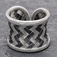 Matte and Oxidized Woven Silver Band Ring,'Dark Path'