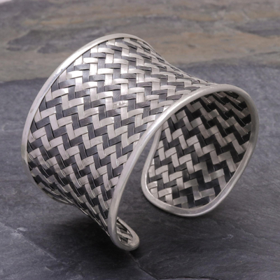Silver cuff bracelet, 'Dark Path' - Woven 950 Silver Cuff Bracelet from Thailand