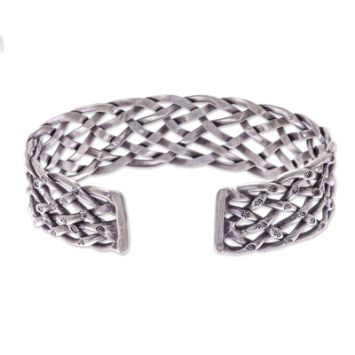 Sterling silver cuff bracelet, 'Hill Tribe Trellis' - Stamped Sterling Silver Cuff Bracelet