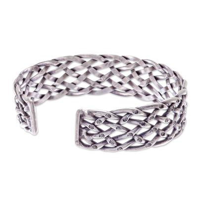 Stamped Sterling Silver Cuff Bracelet - Hill Tribe Trellis | NOVICA