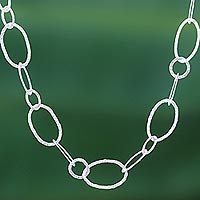 Long silver link necklace, 'Lanna Links' - Extra Long 950 Silver Hammered Link Necklace