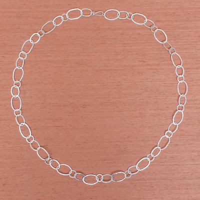 Long silver link necklace, 'Lanna Links' - Extra Long 950 Silver Hammered Link Necklace