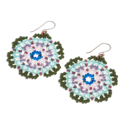 Beaded dangle earrings, 'Lanna Bloom in Green and Blue' - Green and Blue Beaded Flower Dangle Earrings