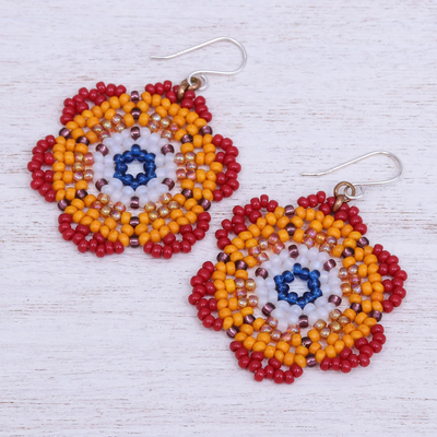 Beaded dangle earrings, 'Lanna Bloom in Red and Orange' - Red and Orange Beaded Flower Dangle Earrings