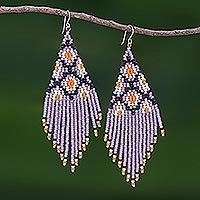 Beaded waterfall earrings, 'Lanna Cascade in Purple' - Purple Beaded Waterfall Earrings Handmade in Thailand