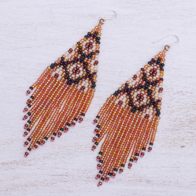 Beaded waterfall earrings, 'Lanna Cascade in Orange' - Long Beaded Waterfall Earrings with Sterling Hooks
