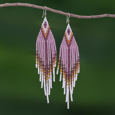 Beaded waterfall earrings, 'Lanna Arrow in Lilac' - Bohemian Style Long Beaded Waterfall Earrings