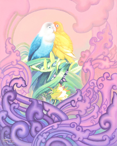 Dreamy Acrylic Painting of Lovebirds in Heaven