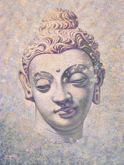 'Sabiduría' - Tranquila pintura original de Buda sonriente