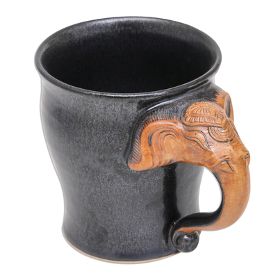 Ceramic mug, 'Elephant Raj in Black' - Handmade Brown and Black Ceramic Elephant Mug