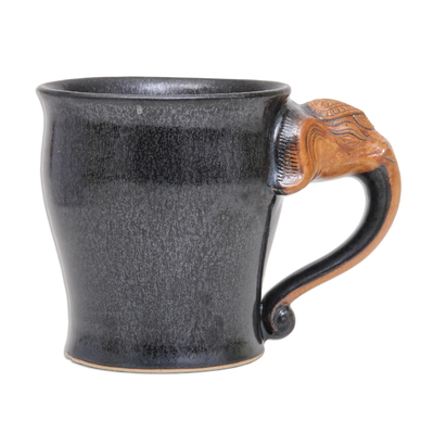 Ceramic mug, 'Elephant Raj in Black' - Handmade Brown and Black Ceramic Elephant Mug