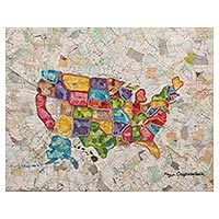 Cotton patchwork wall hanging, 'Map of the USA' - Stunning Batik Patchwork Wall Hanging of USA Map