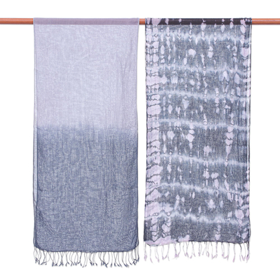 Cotton scarves, 'Galaxy of Love' (pair) - Pair of Cotton Tie-Dye Scarves in Shades of Grey