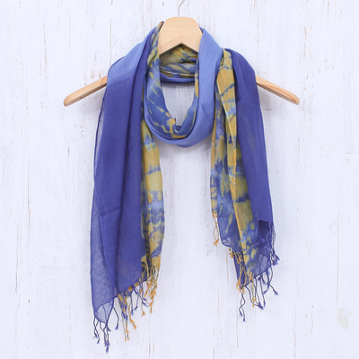 Cotton scarves, 'Wave of Love' (pair) - Pair of Cotton Tie-Dye Scarves in Blue and Yellow