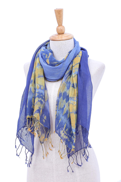Bufandas de algodón, 'Wave of Love' (par) - Par de bufandas de algodón Tie-Dye en azul y amarillo