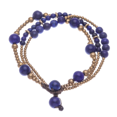 Lapis lazuli and brass beaded bracelet, 'Natural Wonders' - Blue Lapis Lazuli and Brass Beaded Bracelet