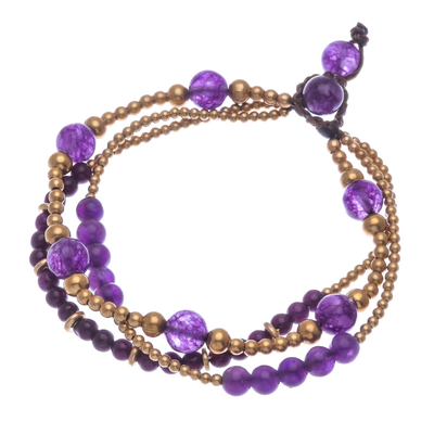 Amethyst and quartz beaded bracelet, 'Natural Wonders' - Thai Amethyst and Brass Beaded Bracelet