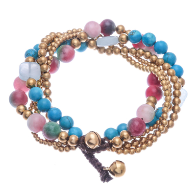 Multi-gemstone and brass beaded bracelet, 'Bohemian Melange' - Multi-gemstone Beaded Bracelet with Ringing Brass Bells