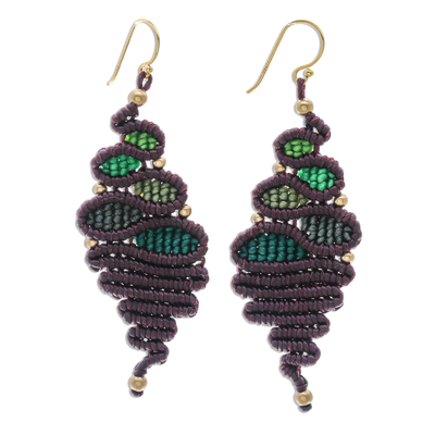 Macrame dangle earrings, 'Serpentine Way in Green' - Brown and Green Macrame Dangle Earrings