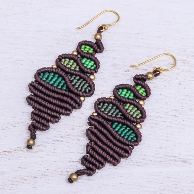 Macrame dangle earrings, 'Serpentine Way in Green' - Brown and Green Macrame Dangle Earrings