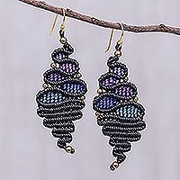 Macrame dangle earrings, 'Serpentine Way in Blue' - Handmade Black and Blue Macrame Dangle Earrings