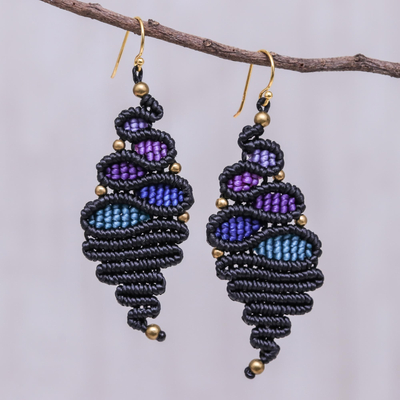 Macrame dangle earrings, 'Serpentine Way in Blue' - Handmade Black and Blue Macrame Dangle Earrings