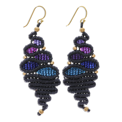 Handmade Black and Blue Macrame Dangle Earrings