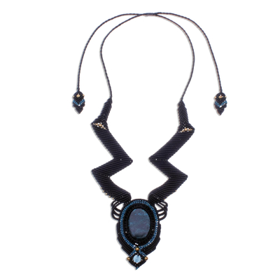 Macrame statement necklace, 'Mystic Sea' - Macrame Statement Pendant Necklace from Thailand