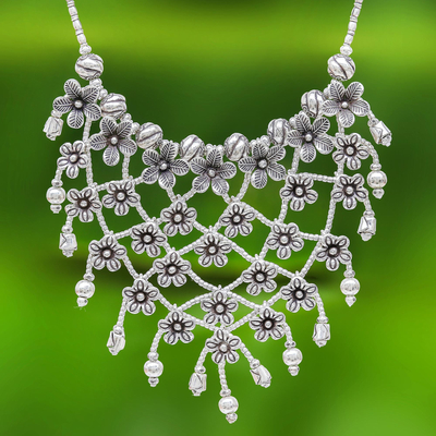 Silver collar necklace, 'Floral Net' - Stunning Floral 950 Silver Collar Necklace