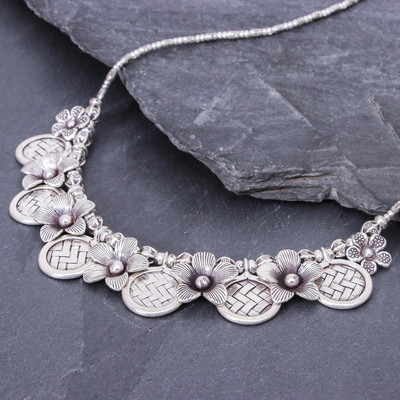 Silver pendant necklace, 'Basket of Posies' - Hand Crafted Thai Style Floral Pendant Necklace