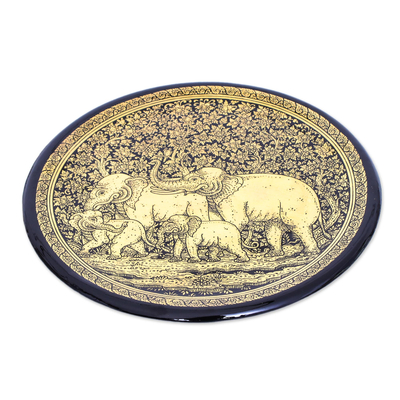 Lacquered wood decorative plate, 'Chiang Mai Elephants' - Handcrafted Thai Lacquered Wood Plate with Elephants