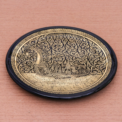 Lacquered wood decorative plate, 'Royal Barge Procession' - Handcrafted Thai Lacquered Wood Royal Barge Plate