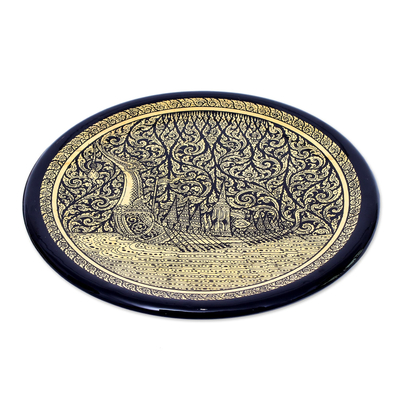Lacquered wood decorative plate, 'Royal Barge Procession' - Handcrafted Thai Lacquered Wood Royal Barge Plate