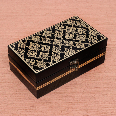 Lacquered wood Jewellery box, 'Golden Lotus Treasure' - Handcrafted Floral Thai Lacquered Wood Jewellery Box