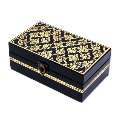 Lacquered wood jewelry box, 'Golden Lotus Treasure' - Handcrafted Floral Thai Lacquered Wood Jewelry Box